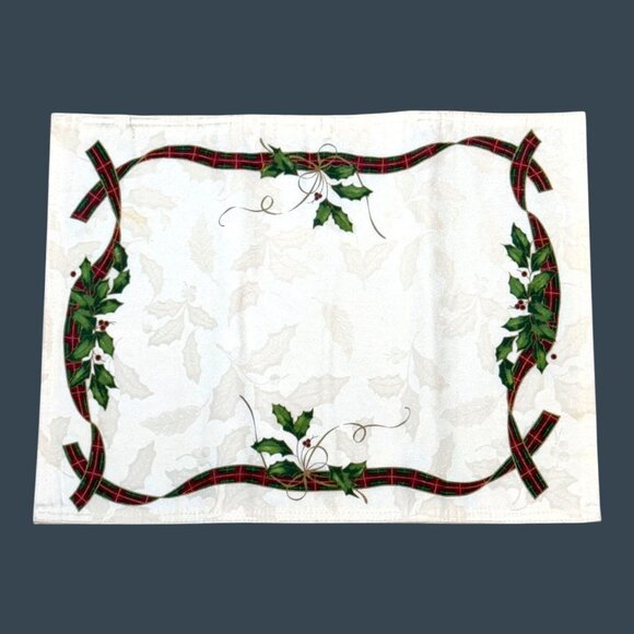 Lenox Set Of 4 Christmas Vintage Holly & Ribbon Pattern Fabric Placemats Holiday - Picture 2 of 4